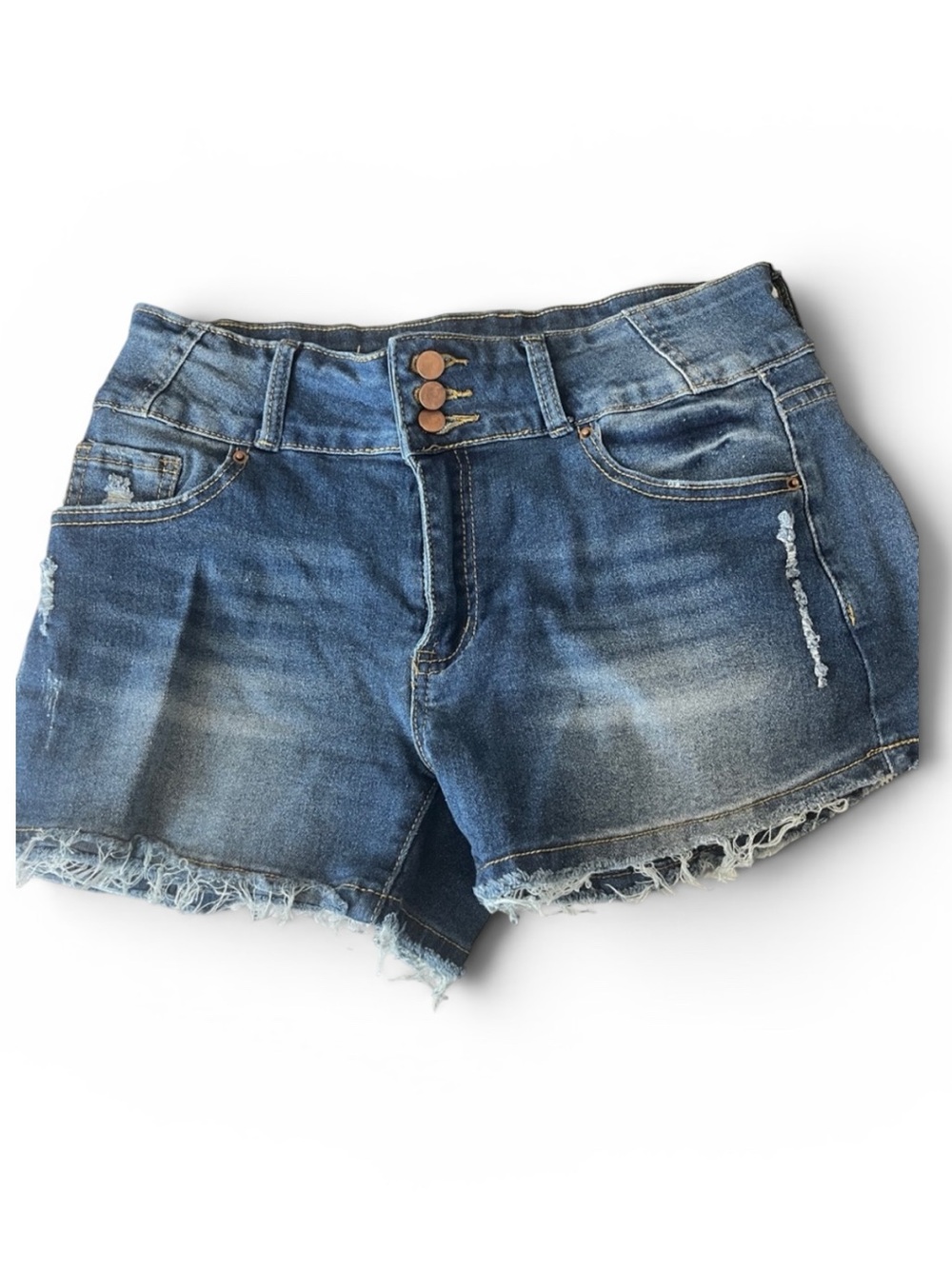 High-Waisted Distressed Denim Shorts | Raw Hem | Size L